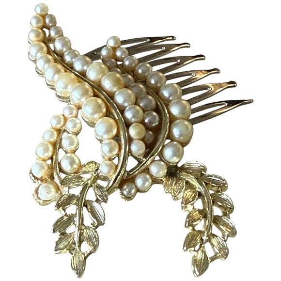 Bridal Hair Comb Ivory Pearl Leaf White Accessory Vintage Wedding Clip Holiday - Picture 3 of 4
